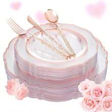 150PCS Clear Silver Plastic Plates & Disposable Silver Plastic Silverware With Glitter Bamboo Handle Cutlery-Baroque Clear Disposable Plates For Wedding & Easter Day & Mother's Day-TrugenixYSN1B - 玫瑰金 - 查看 1