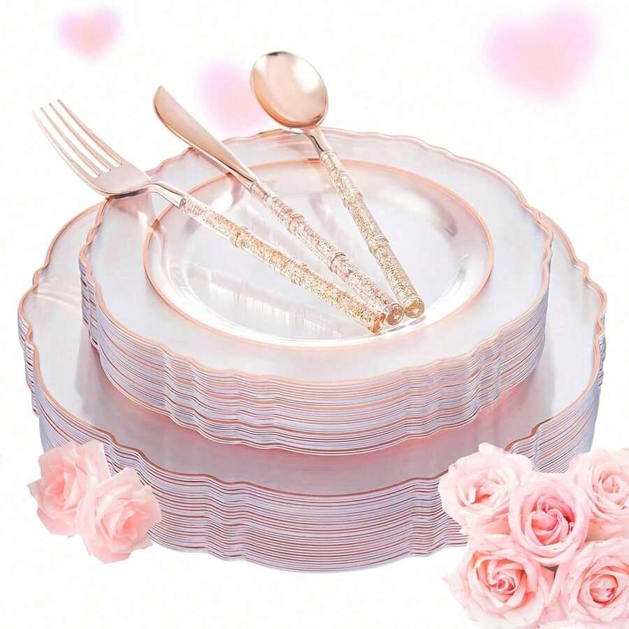 150PCS Clear Silver Plastic Plates & Disposable Silver Plastic Silverware With Glitter Bamboo Handle Cutlery-Baroque Clear Disposable Plates For Wedding & Easter Day & Mother's Day-TrugenixYSN1B - 玫瑰金 - 查看 1