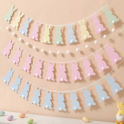 1 Set Of 2 Happy Easter Macaron Bunny Pennant Party Decorations Banner