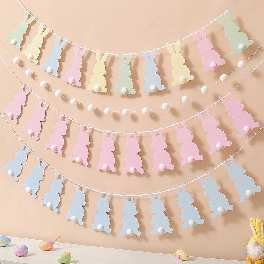 1 Set Of 2 Happy Easter Macaron Bunny Pennant Party Decorations Banner - Multicolor - View 1