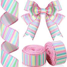 2 rollos de 10 yardas de cinta de 1.5 pulgadas con alambre, de estilo pastel de Pascua y primavera, cinta decorativa de rayas de lona rosa, adecuada para embalaje de fiestas de Navidad y manualidades - Colores mixtos - Ver 2