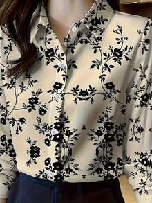 Camisa de manga larga elegante con estampado para mujer, con cuello, de material de poliéster, con botones delanteros, para vacaciones de primavera - Albaricoque - Ver 3