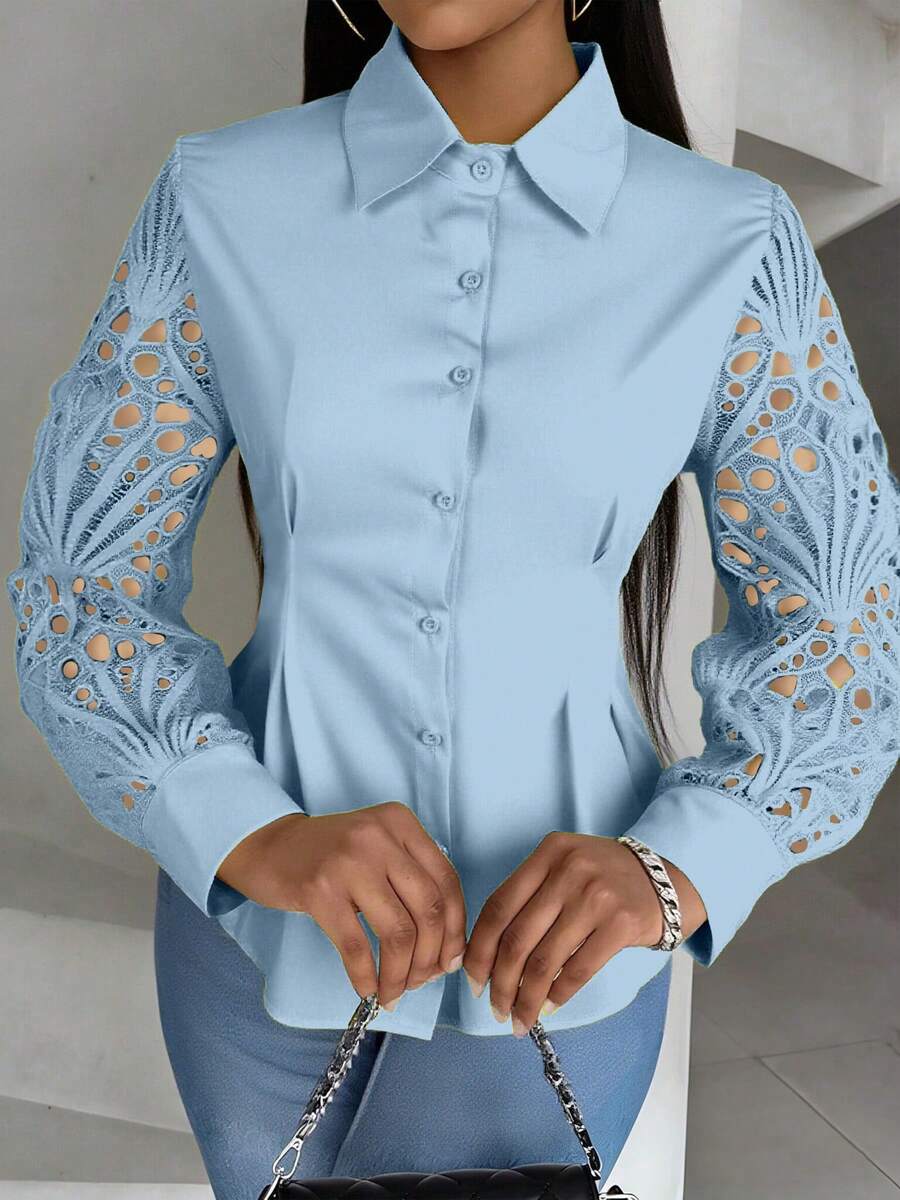 Plus Size Women Elegant Solid Color Lace Hollow Long Sleeve Blouse Spring