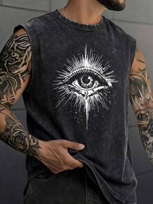 Men's Printed Vintage Washed Vest, Loose Fit, Casual Street Style, An Essential Everyday Item. - màu đen - Xem 1