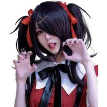 Black Ponytail Wig With Bangs Short Curly Black Anime Lolita Cosplay Wigs + Hairpins + Red Ribbons + Wigs Cosplay Wigs For Women Wig Install Kit Hair Net For Women Halloween Party,38046574 - 黑色 - 查看 1