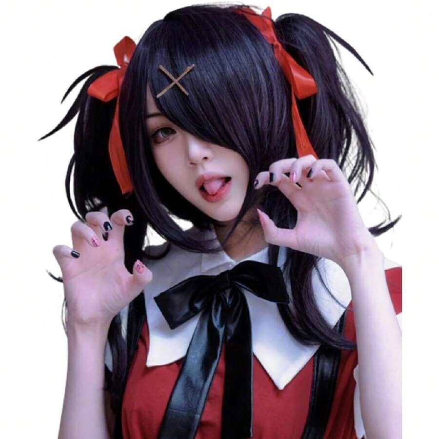 Black Ponytail Wig With Bangs Short Curly Black Anime Lolita Cosplay Wigs + Hairpins + Red Ribbons + Wigs Cosplay Wigs For Women Wig Install Kit Hair Net For Women Halloween Party,38046574 - 黑色 - 查看 1