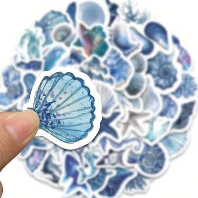 100pcs Blue Ocean Seashell & Marine Life Sticker Set, Includes Watercolor Style Starfish, Coral And Whale Patterns, Suitable For Laptops, Water Bottles, Notebooks, Scrapbooks, Made Of PVC, Waterproof And Durable, Can Be Stuck On Phone Cases, Cups, Computers, Books, Cars And Bumpers, Happy New Year Stickers