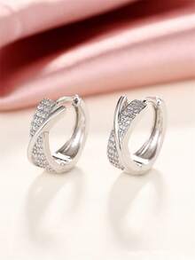 1 Đôi bông tai vòng thanh lịch đính đá Cubic Zirconia dành cho thiếu nữ, thích hợp để trang trí hàng ngày, dự tiệc hoặc làm quà tặng sinh nhật. - Bạc - Xem 3