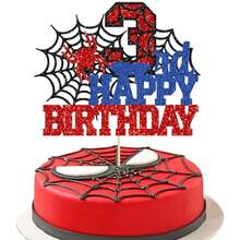 Ephlyn 1Pcs Happy 3rd Birthday Cake Topper Glitter Spider Themed Happy Third Birthday Cake Decor For Men Boy Three Years Birthday Party Supplies - 3 - 查看 1