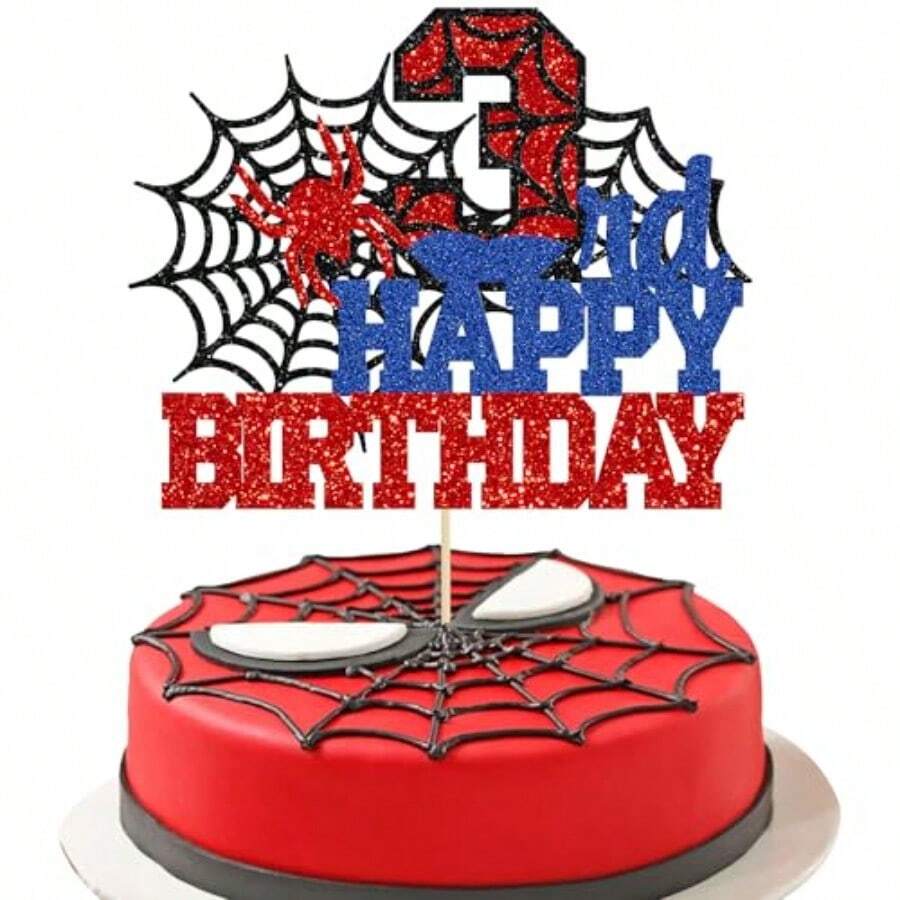 Ephlyn 1Pcs Happy 3rd Birthday Cake Topper Glitter Spider Themed Happy Third Birthday Cake Decor For Men Boy Three Years Birthday Party Supplies - 3 - 查看 1