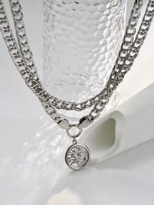 2pcs/Set Multilayer Fashionable Minimalist Exaggerated Tree Of Life Element Copper Pendant Necklace With Thick Chain Necklace Jewelry For Women - Silver - View 7