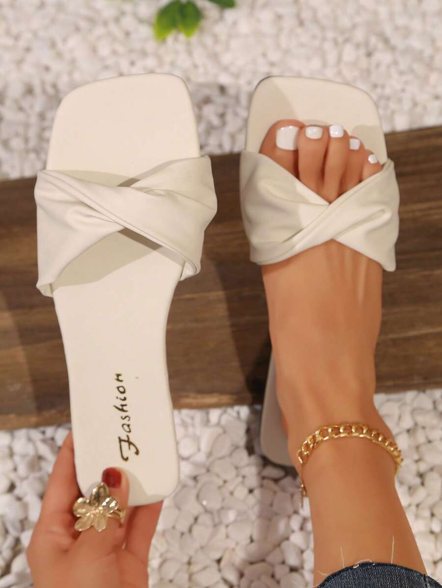 Women's French Style Elegant One-Strap Open Toe Flat Pleated Slide Sandals - Beige - View 1