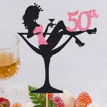 1件优雅粉色闪光50岁生日蛋糕装饰插牌，50岁生日派对用品，女士鸡尾酒杯剪影蛋糕插牌，魅力十足的女士生日蛋糕装饰 - 彩色 - 查看 10