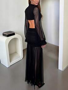 DOUCIU Transparent Mesh Deep V-Neck Backless Ruffle Hem Dress, Sexy Beach Vacation Outfit - Black - View 2