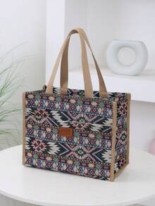 Túi tote vải dệt jacquard dày dặn mới, dung tích lớn, tiện dụng cho công việc/học tập/dã ngoại, lót giấy bạc, túi khóa kéo phía trước, túi đựng đồ ăn trưa, túi xách tay. - màu đen - Xem 11