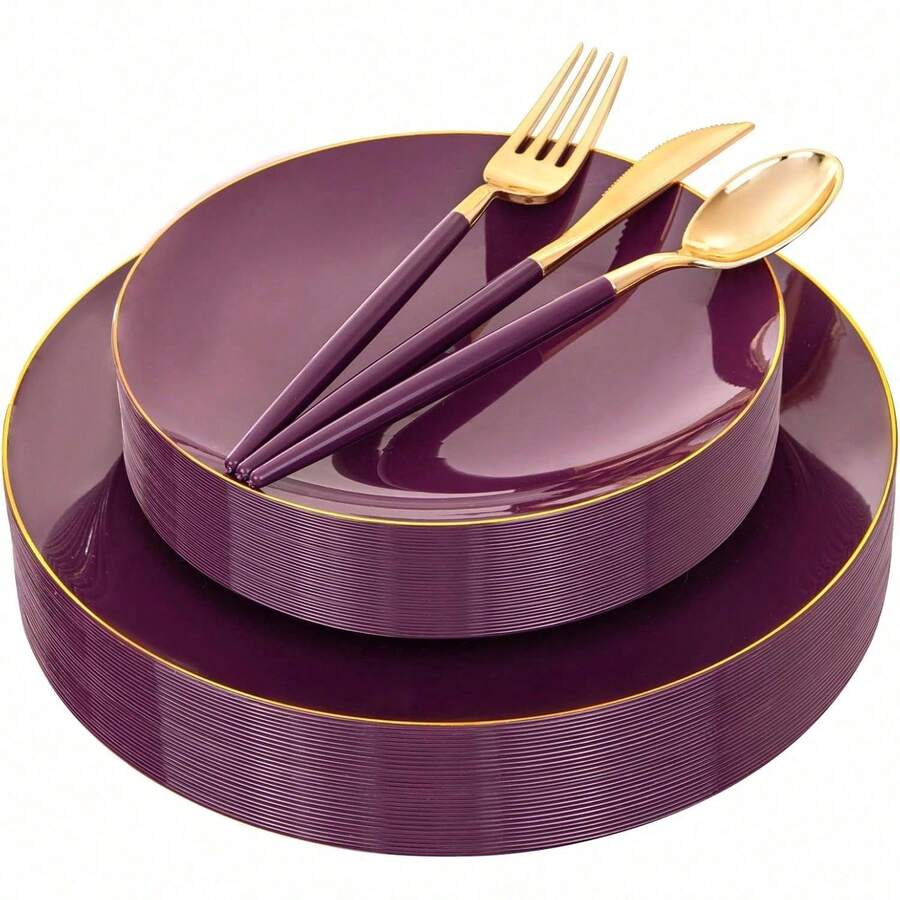 150PCS Clear Silver Plastic Plates & Disposable Silver Plastic Silverware With Glitter Bamboo Handle Cutlery-Baroque Clear Disposable Plates For Wedding & Easter Day & Mother's Day-TrugenixYSN1B - 紫色 - 查看 1