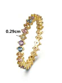 Flyleaf 1pc Luxury 925 Silver 14K Gold Plated Full Circle Colorful Cubic Zirconia Ring, Party & Daily Wear High-End Jewelry - 金子 - 查看 6