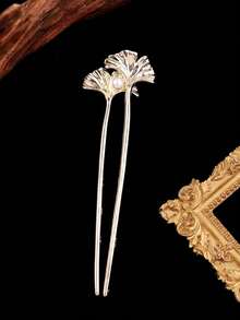 Elegant Faux Pearl & Ginkgo Leaf Metal Hair Clip, Graceful U-Shaped Ponytail Clip, Retro Chinese Style Hair Accessory, Bun Extension, Hair Styling Pins, Head Accessories, Hair Accessories For Women - Multicolor - View 10