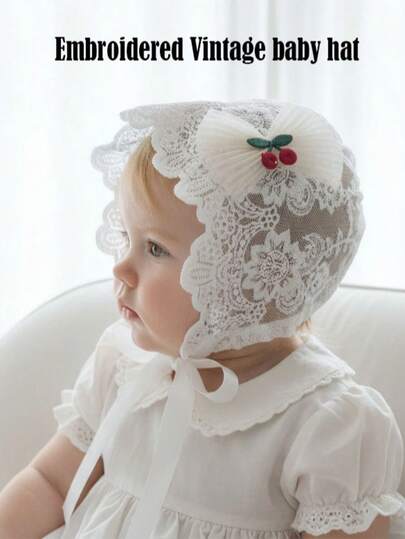 1 pieza Gorro de bebé vintage con bordado de encaje, sombrero de bautizo y fotografía hereditario, apto para 0-3 meses, 3-6 meses, 6-12 meses, beige/blanco