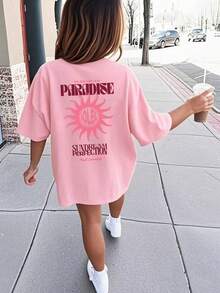 Inspirational Slogan "Beach Paradise, Sunny Dream" Relaxed Fit, Matching Summer Vibe, Teen Girl Casual Chic Creative Minimalist Graphic T-Shirt, Suitable For Summer Top - Pink - View 1