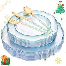 150PCS Clear Silver Plastic Plates & Disposable Silver Plastic Silverware With Glitter Bamboo Handle Cutlery-Baroque Clear Disposable Plates For Wedding & Easter Day & Mother's Day-TrugenixYSN1B - 綠色 - 查看 1