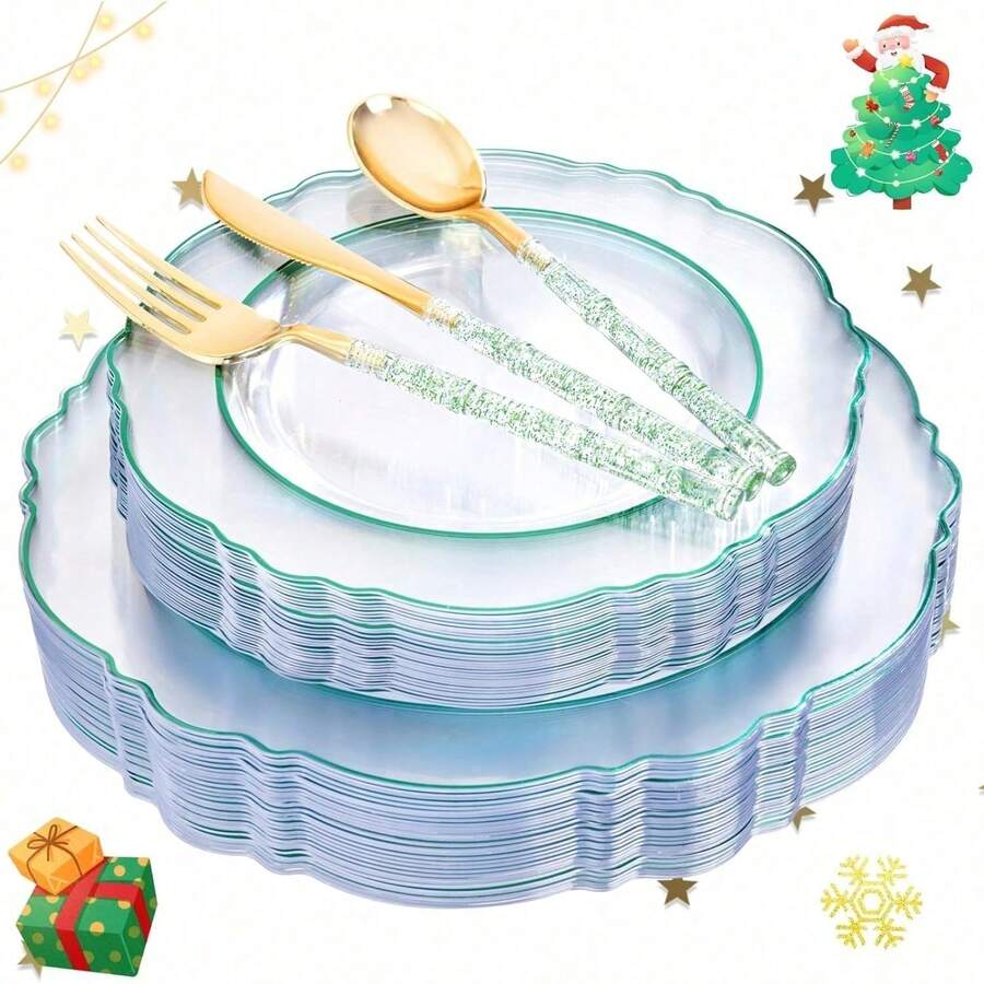 150PCS Clear Silver Plastic Plates & Disposable Silver Plastic Silverware With Glitter Bamboo Handle Cutlery-Baroque Clear Disposable Plates For Wedding & Easter Day & Mother's Day-TrugenixYSN1B - 綠色 - 查看 1