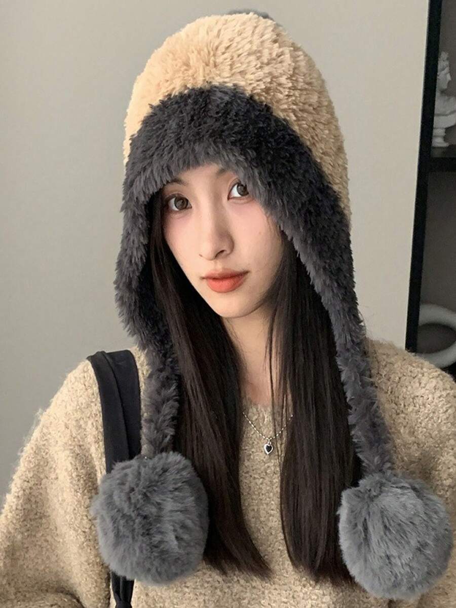 1顶超大号毛绒球护耳帽,可爱保暖的冬季针织帽,女士款,加厚内衬,撞色设计,适合秋冬季节佩戴 - 彩色 - 查看 1
