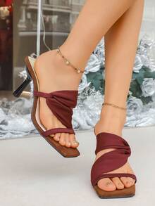 1. Fashion Pleated Criss-Cross Strap Women's High Heel Sandals, Solid Color Open Toe High Heel Mules, Suitable For Summer Daily, Party, Gathering, Formal Event Stiletto Heels - Redwood - View 6