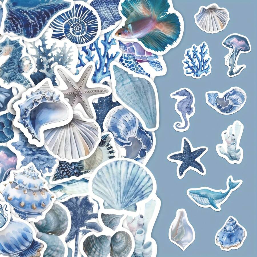 100张蓝色海洋贝壳及海洋生物贴纸套装，包含水彩风格的海星、珊瑚和鲸鱼图案，适用于笔记本电脑、水瓶、笔记本、剪贴簿等，采用PVC材质，防水耐用，可粘贴于手机壳、杯子、电脑、书籍、汽车和保险杠等处，新年快乐贴纸。 - 彩色 - 查看 1