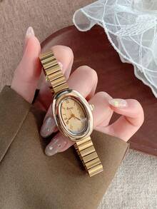 1pc Women's Oval Silver-Black Dial Gold-Tone Quartz Casual Watch, Suitable For Daily Wear - Gold - View 7