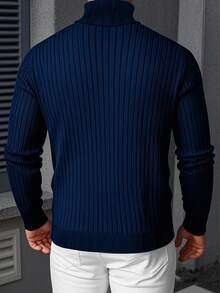 Jersey de cuello alto de manga larga con unicolor y diseño floral retorcido, versátil y de moda para hombre, otoño/invierno - Azul Marino - Ver 2