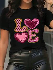 Valentinstag Damen Weiß Kurzarm T-Shirt mit LOVE Buchstaben & Herz Muster Pailletten Polka Dot Dekor Lässiges Rundhals Oberteil - Schwarz - Übersicht 6