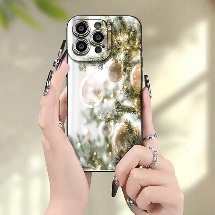 Árbol de Navidad con adornos dorados y luces brillantes. Elemento de diseño de funda para teléfono,  ideal como regalo para cumpleaños, para mamá, familiares, amigos, novio o novia.  iPhon - Negro - Añade 6