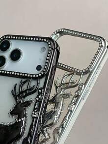 1 chiếc ốp lưng điện thoại thời trang mạ điện, đính đá 3D hình hươu, chống sốc, tương thích với iPhone 17 Pro Max, 16, 15, 14, 13, 12, 11 Series - Bạc - Xem 4