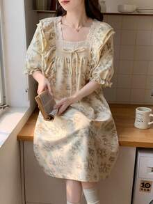 Women's Sleepwear Dress, Solid Color Square Neck Nightgown With Bow Decor, Contrast Color Cute Cartoon Casual Sleepwear Dress, Suitable For Spring And Summer Home Leisure - Apricot - View 9