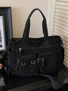 Large Capacity Corduroy Tote Bag, Minimalist Design, Solid Color, Autumn/Winter New Arrival - Black - View 1