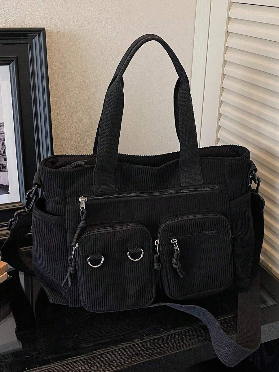 Large Capacity Corduroy Tote Bag, Minimalist Design, Solid Color, Autumn/Winter New Arrival - Black - View 1