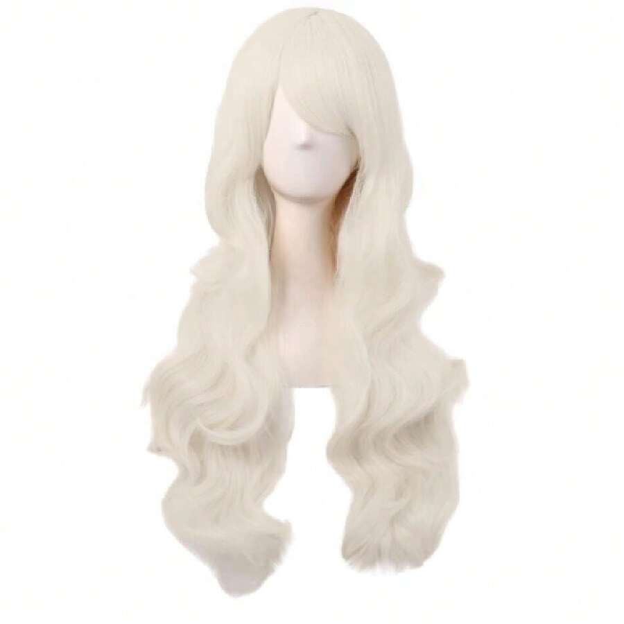 28 Inch/70 Cm Charming Women Side Bangs Long Curly Full Hair Synthetic Wig (Platinum Blonde),38048698 - Làm nổi bật màu tím - Xem 1