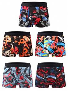 5pcs/Pack Men's Comfortable Versatile Mid-Rise Printed Boxer Briefs - Multicolor - View 7
