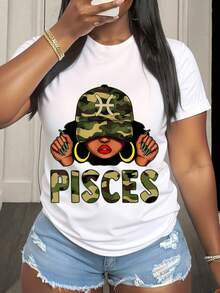 Pisces Zodiac Sign Graphic Shirt With Camouflage Design And Bold Lettering Featuring A Stylish Woman Wearing Hat And Gold Hoop Earrings Perfect For Astrology Lovers And Horoscope Enthusiasts Casual Wear For Everyday Outfits And Zodiac Themed Events - 白色2 - 查看 1