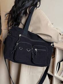 Large Capacity Corduroy Tote Bag, Minimalist Design, Solid Color, Autumn/Winter New Arrival - Black - View 3