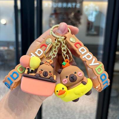 1个可爱水豚钥匙扣吊坠 | 3D柔软毛绒玩偶 | 萌趣表情设计 | 耐用金属钥匙圈 | 包包配饰 | 日常减压小物 - 节日礼物 - 生日礼物 - 完美礼物