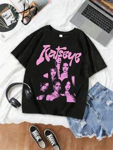 Baby Phat JacketTeen Girls Katseye Kpop Girls Pattern Print T-Shirt , Valentine Outfits For Women Girls Casual Round Neck Short Sleeve Tee - màu đen - Xem 2