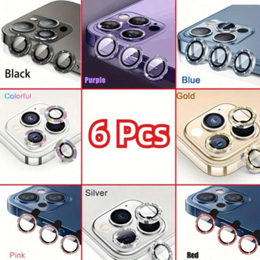 6 Stücke glänzende Linsenabdeckfolie, kompatibel mit Apple 11/12/13/14/15/16/17 Serie und Plus Modelle - Gehärtetes Glas geeignet für täglichen Schutz, Büro, Zuhause, Handy Kamera Abdeckung, funkelnder Kristall, wasserdicht, stoßfest, kratzfest - Violett - Übersicht 1