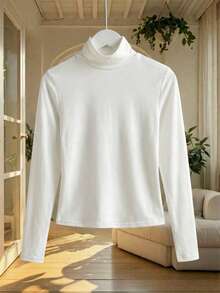 Women's Solid Color Turtleneck Slim Fit Long Sleeve T-Shirt, Suitable For Spring/Autumn/Winter - White - View 8