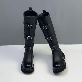 2025 Höst/Vinter Nya Tjocka Sulor, Grov Klack, Spänne Rem, Over-The-Knee Läderridstövlar För Damer