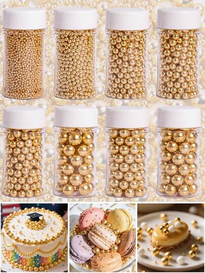 3oz/85g Edible Cake Decorative Pearls, Round Gold Pearls Sugar, Suitable For Decorating Cakes, Macarons, Cookies, Donuts And Ice Cream, Great For Christmas, Halloween, Valentine's Day And Birthday Party Decoration.