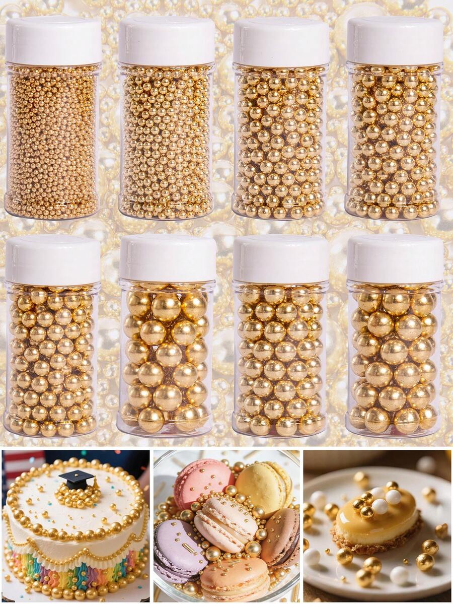 3盎司/85克蛋糕装饰，圆形金色珍珠造型，适用于装饰蛋糕、马卡龙、饼干、甜甜圈和冰淇淋，是圣诞节、万圣节、情人节和生日派对装饰的理想之选 - 仅供装饰，不可食用 - 金色 - 查看 1