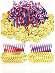 20pcs/10pcs Gold Plastic Medals, Gymnastics Sports Medals, Suitable For Sports Competitions, Talent Shows, Spelling Bees, Birthday Parties, Rewards And Prizes, Gold Plastic Sports Medals With Ribbons, Party Favors And Competition Souvenirs, Winner Medals, Gold Plastic Winner Medals With Neck Ribbons, Party Favors, Birthday Gifts, Costume Medals, Suitable For Sports Events, Activities, Props, Rewards And Party Gifts. - Gold - View 2