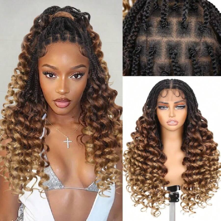 Braided Wigs For Black Women Double Full Lace Box Braided Wigs Synthetic Wavy Glueless Braid Wig With Hair 3D Curls Braided Wig 24 Inch (1B/30/27, Wavy-24),38059043 - 軍綠色 - 查看 1
